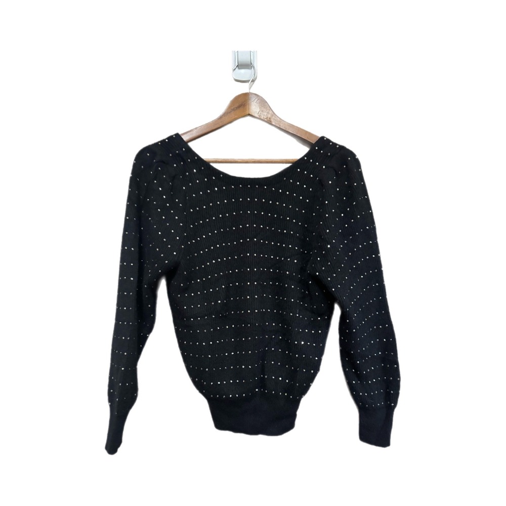 White + Warren Sweater Womens M Black Excellent Cashmere Rhinestone Ribbed Puff